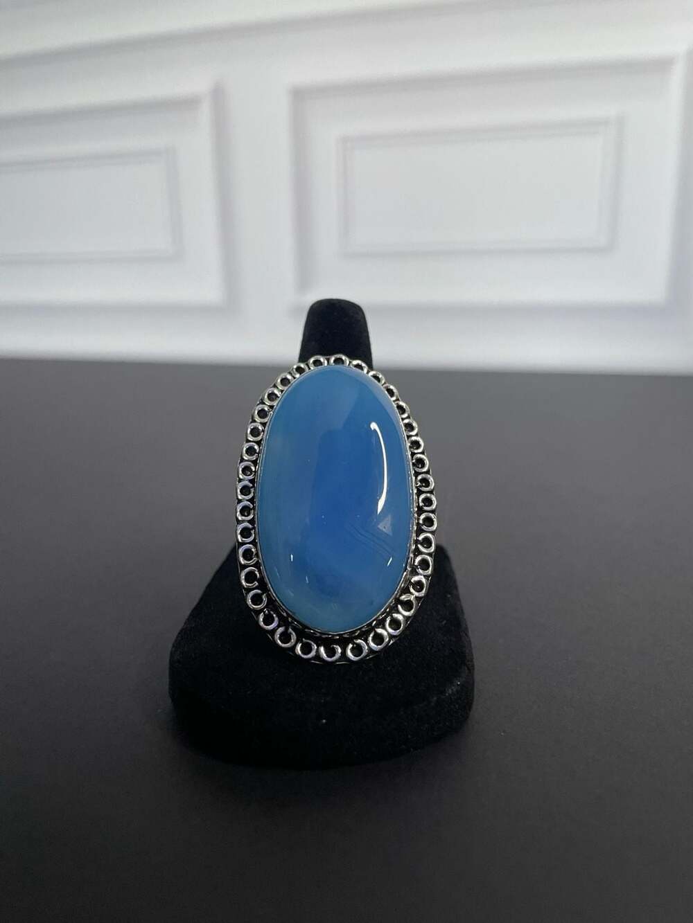 Blue Onyx Statement Ring in German Silver Size 8